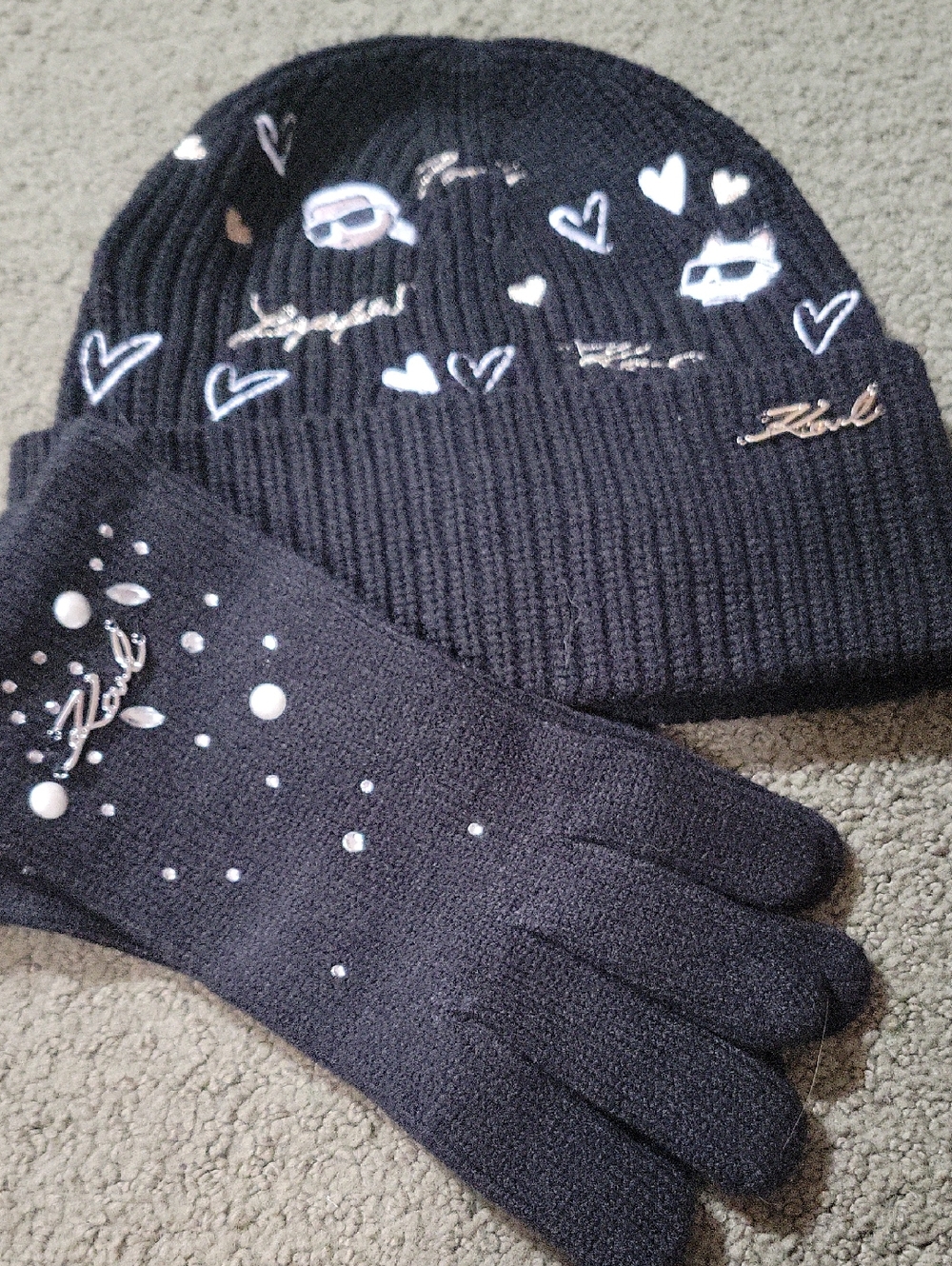Karl Lagerfeld Black Knit Beanie and Glove Set with Heart & Pearl Accents